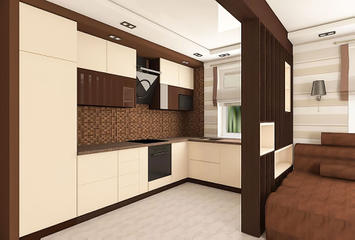 Проект интерьера кухни - кухонная мебель, диван.
