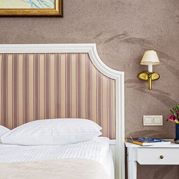 Double bed with soft high back, white bedside table &mdash; series of luxury hotel furniture Holly.