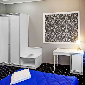 Photo of wardrobe, luggage stand and dressing table with minibar from series of furniture for hotels Verona