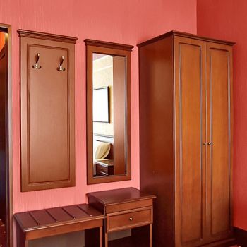 Photo of hanger with luggage stand, stands with mirror and two-door wardrobe from series of furniture for hotels Voyage