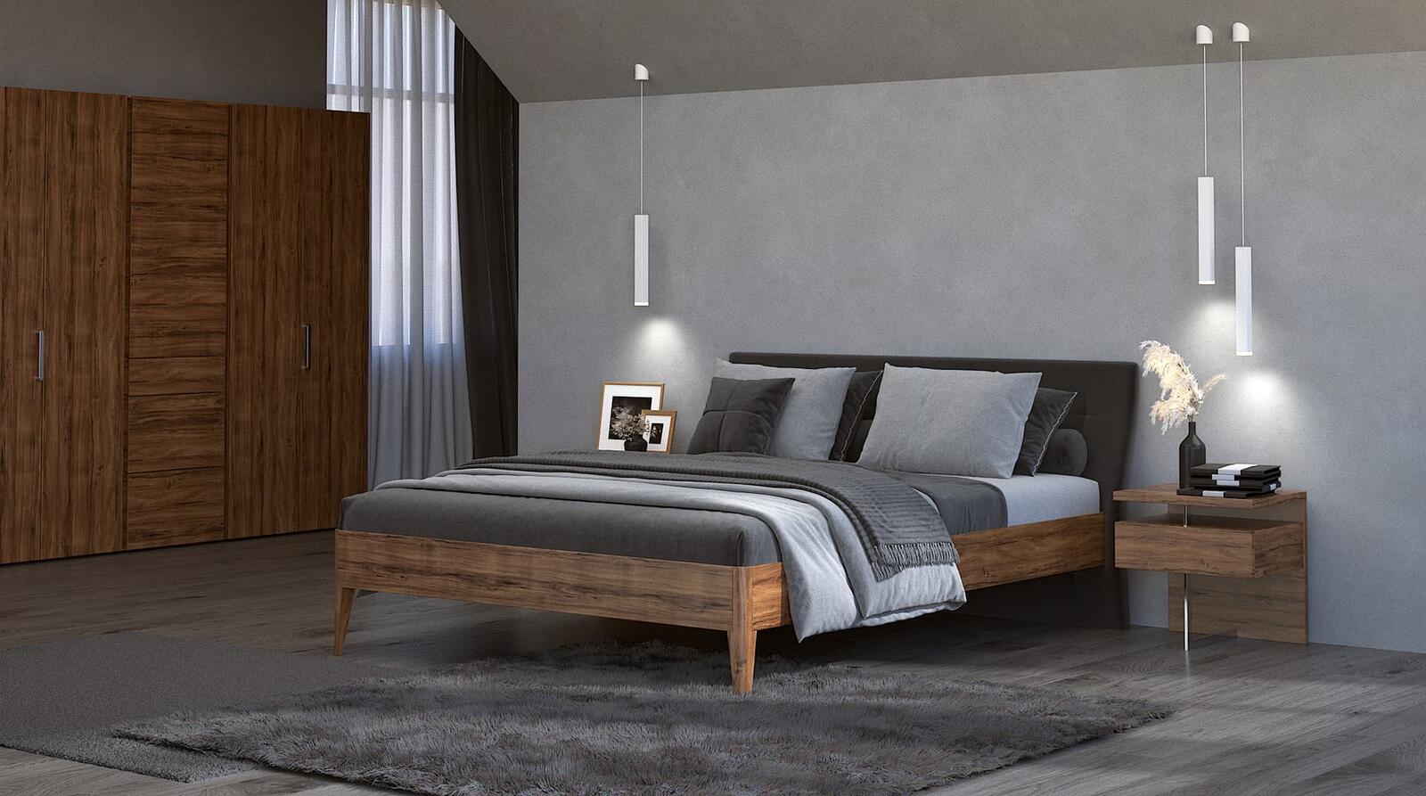 Bedroom set Agata &mdash; double bed with upholstered headboard, bedside table, 4-door wardrobe.