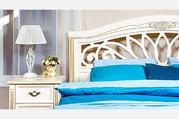 Double bed Camellia &mdash; back, bedside table, tinted in Ivory color with golden patina &mdash; furniture for Art NIKO bedrooms.